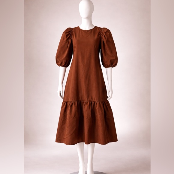 Zara Dresses & Skirts - Zara Brown Midi Dress with Puff Sleeves